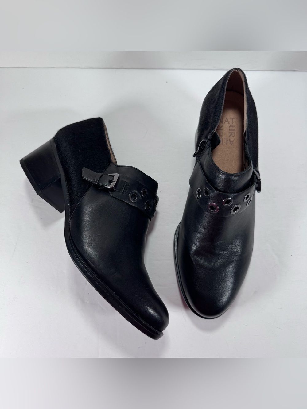 Naturalizer Delta Calf Hair Black Leather Block Heel Ankle Booties Women 8.5W